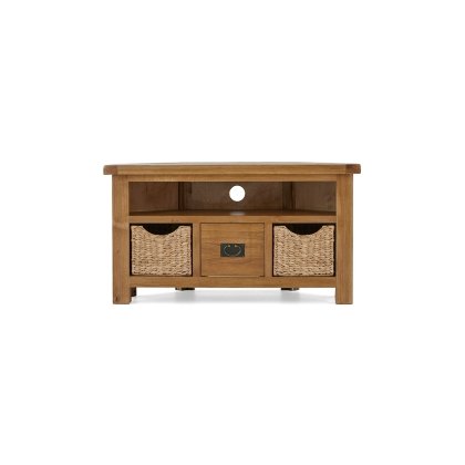 Salisbury Waxed Premium Oak Corner Tv Unit With Baskets