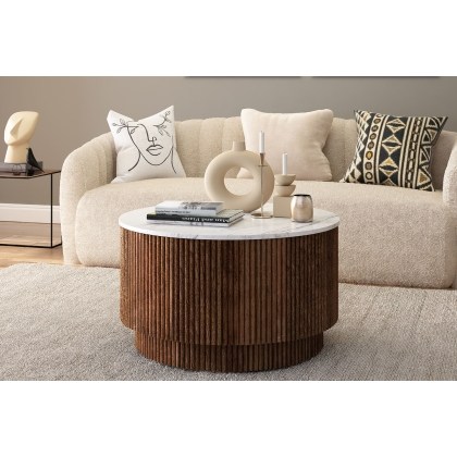 Harvard Reeded Mango Wood Storage Coffee Table with Marble Top