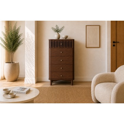 Soho Brown Oak Slatted Tallboy Chest of Drawers