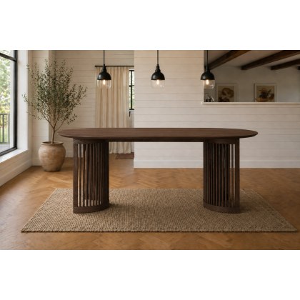 Soho Brown Oak Slatted Oval Dining Table