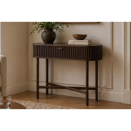 Soho Brown Oak Slatted Oval Console Table