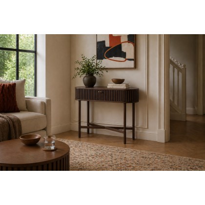 Soho Brown Oak Slatted Oval Console Table