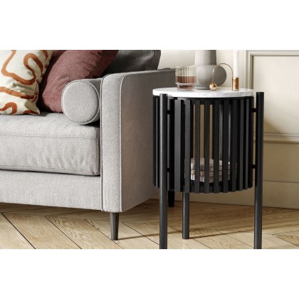 Soho Black Oak Slatted Story Side Table with Marble Top