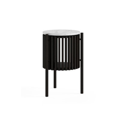 Soho Black Oak Slatted Story Side Table with Marble Top