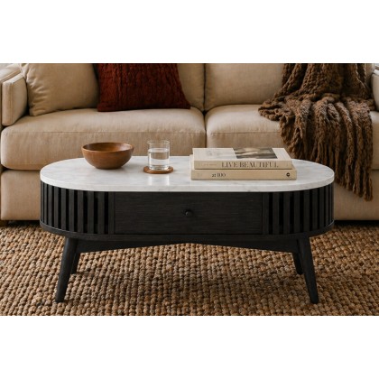 Soho Black Oak Slatted Oval Coffee Table with Marble Top
