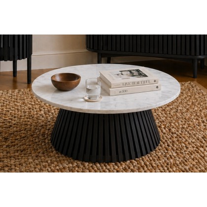 Soho Black Oak Slatted Round Coffee Table with Marble Top