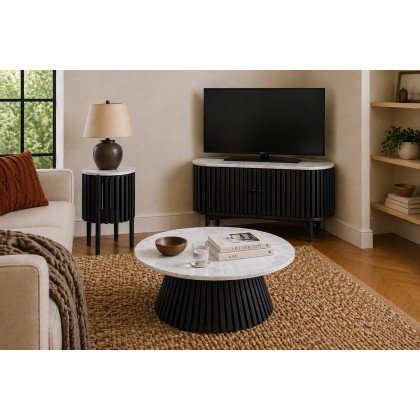Soho Black Oak Slatted Corner TV Unit with Marble Top