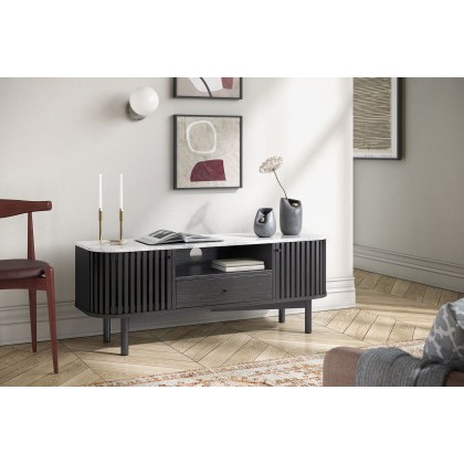 Soho Black Oak Slatted Small TV Unit with Marble Top