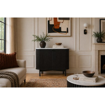 Soho Black Oak Slatted Cupboard with Marble Top