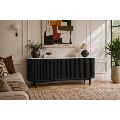 Soho Black Oak Slatted Large Sideboard with Marble Top
