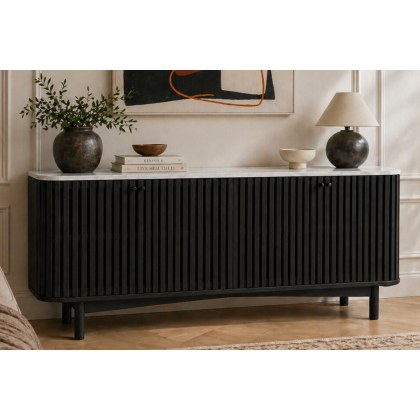 Soho Black Oak Slatted Large Sideboard with Marble Top