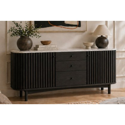 Soho Black Oak Slatted Sideboard with Drawers & Marble Top