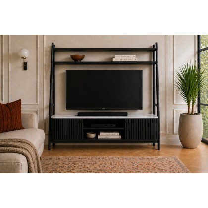 Soho Black Oak Slatted 165cm Ladder TV Unit with Marble Top Soho Black Oak Slatted 165cm Ladder TV Unit with Marble Top