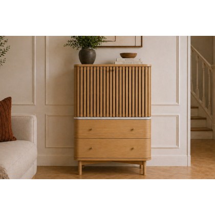 Soho Natural Oak Slatted Shoe Cupboard with Marble Top