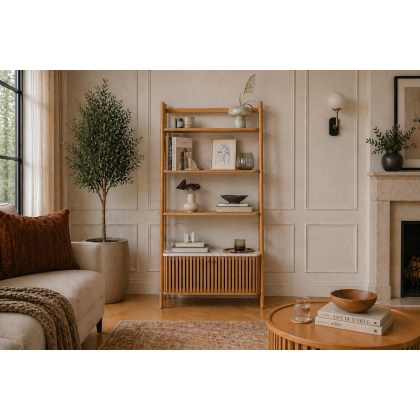 Soho Natural Oak Slatted Bookcase with Marble Top