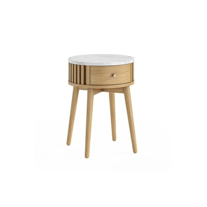 Soho Natural Oak Slatted Round Side Table with Marble Top
