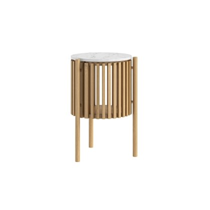 Soho Natural Oak Slatted Story Side Table with Marble Top