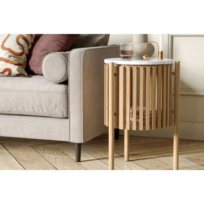 Soho Natural Oak Slatted Story Side Table with Marble Top