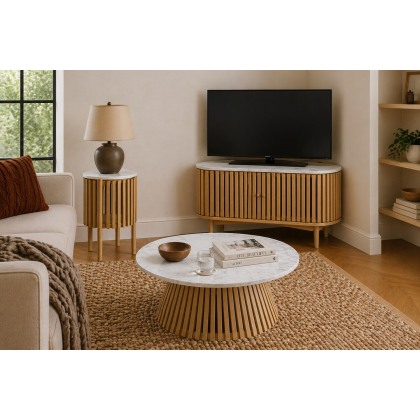 Soho Natural Oak Slatted Round Coffee Table with Marble Top