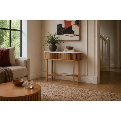 Soho Natural Oak Slatted Oval Console Table with Marble Top