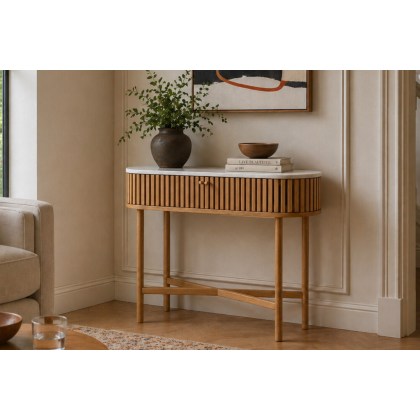 Soho Natural Oak Slatted Oval Console Table with Marble Top