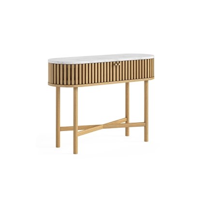 Soho Natural Oak Slatted Oval Console Table with Marble Top