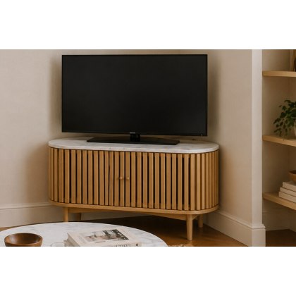 Soho Natural Oak Slatted Corner TV Unit with Marble Top