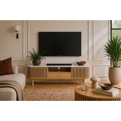 Soho Natural Oak Slatted Small TV Unit with Marble Top