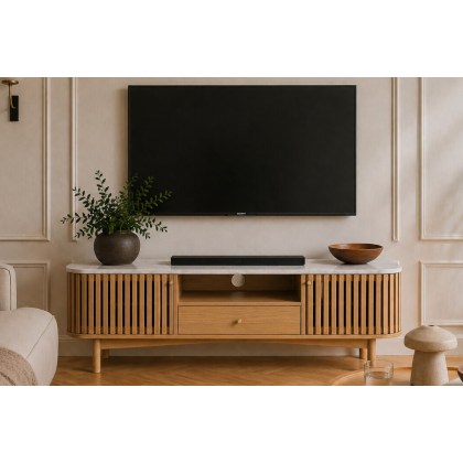 Soho Natural Oak Slatted Small TV Unit with Marble Top
