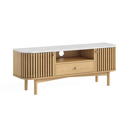 Soho Natural Oak Slatted Small TV Unit with Marble Top