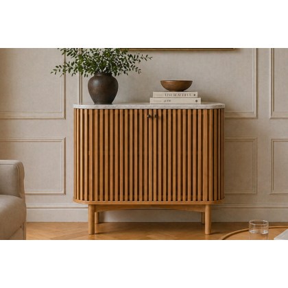 Soho Natural Oak Slatted Cupboard with Marble Top