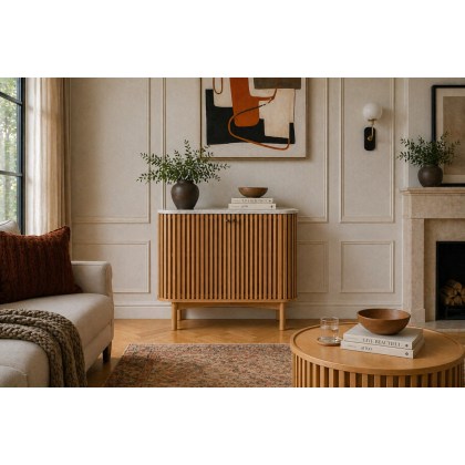 Soho Natural Oak Slatted Cupboard with Marble Top
