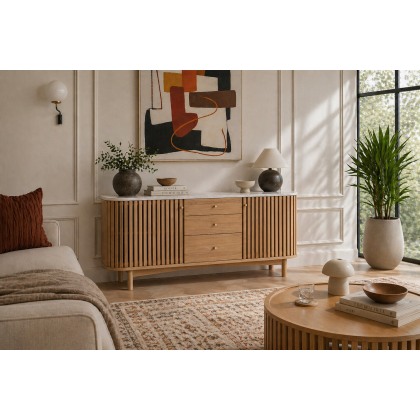 Soho Natural Oak Slatted Sideboard with Drawers & Marble Top