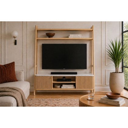 Soho Natural Oak Slatted 137cm Ladder TV Unit with Marble Top