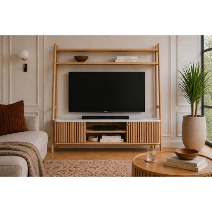 Soho Natural Oak Slatted 165cm Ladder TV Unit with Marble Top