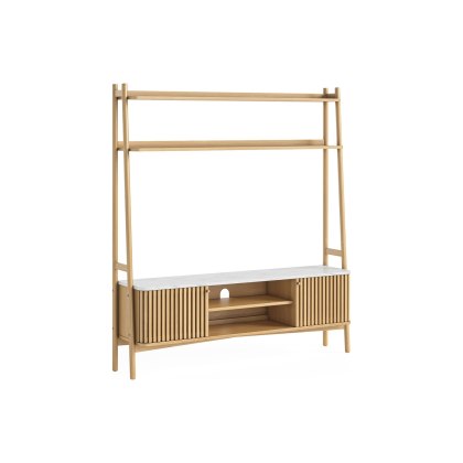 Soho Natural Oak Slatted 165cm Ladder TV Unit with Marble Top