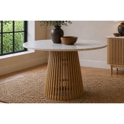 Soho Natural Oak Slatted Round Dining Table with Marble Top