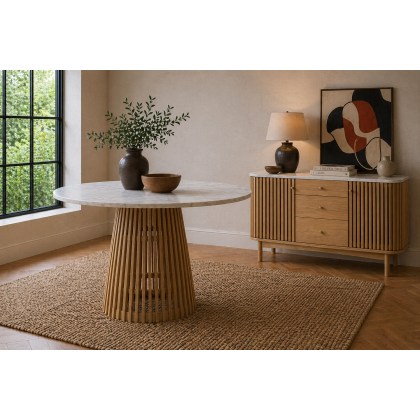 Soho Natural Oak Slatted Round Dining Table with Marble Top