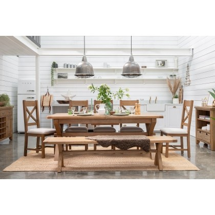 Tewkesbury Smoked Oak Cross-Leg 200-250cm Ext Dining Table Set with x6 Cross Back Chairs & Bench
