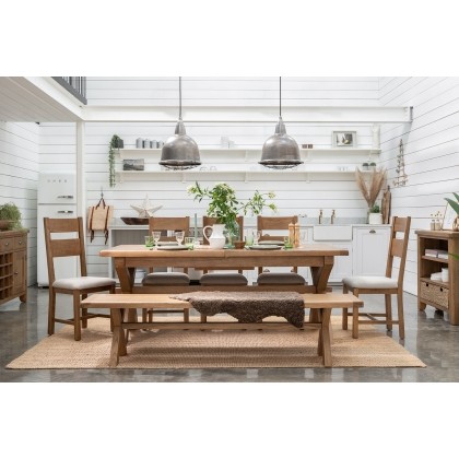 Tewkesbury Smoked Oak Cross-Leg 200-250cm Ext Dining Table Set with x6 Slat Back Chairs & Bench