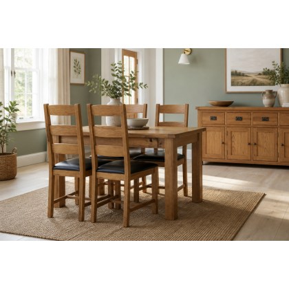 Salisbury Waxed Premium Oak Compact Ext Dining Table Set + 4 Slat Back PU Chairs
