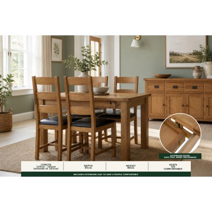 Salisbury Waxed Premium Oak Compact Ext Dining Table Set + 4 Slat Back PU Chairs