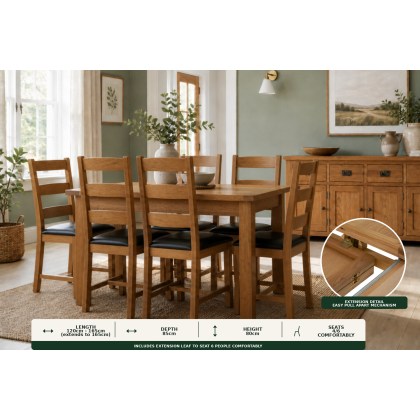 Salisbury Waxed Premium Oak Compact Ext Dining Table Set + 6 Slat Back PU Chairs