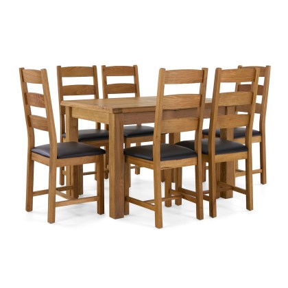 Salisbury Waxed Premium Oak Compact Ext Dining Table Set + 6 Slat Back PU Chairs