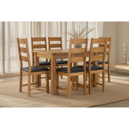 Salisbury Waxed Premium Oak Compact Ext Dining Table Set + 6 Slat Back PU Chairs
