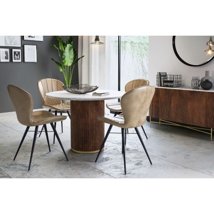 Harvard Reeded Mango Wood Round Dining Table with Marble Top & 4 Amory Beige Chairs Harvard Reeded Mango Wood Round Dining Table with Marble Top & 4 Amory Beige Chairs