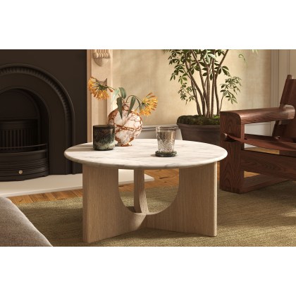 Portobello Oak Round Coffee Table with Travertine Top Portobello Oak Round Coffee Table with Travertine Top