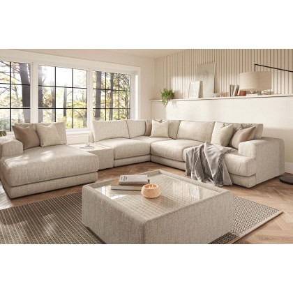 Niki Fabric Modular Large Corner Sofa Group with Chaise End and Glass Table