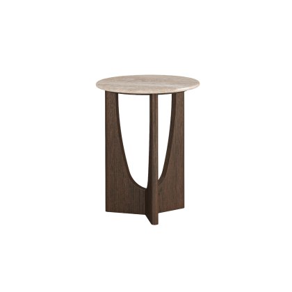 California Dark Oak Round Side Table with Travertine Top
