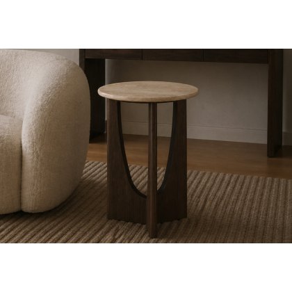 California Dark Oak Round Side Table with Travertine Top
